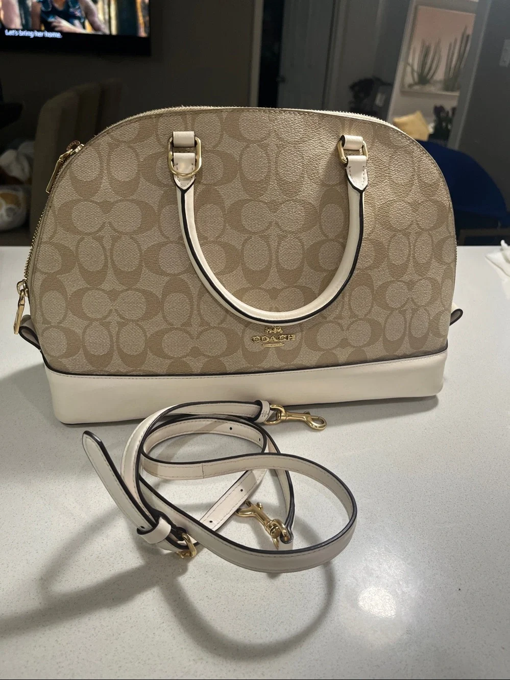 Coach Sierra Satchel In Signature Handbag Crossbody Beige & Khaki gold hardware